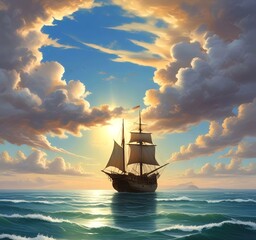 Obraz premium Illustration of ocean landscape with boat on beach.