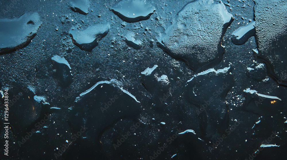 Poster Wet asphalt texture with reflective water puddles for design and background use