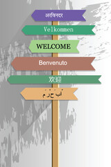Welcome wood signboard in different languages in front of a grey wall vector illustration design background