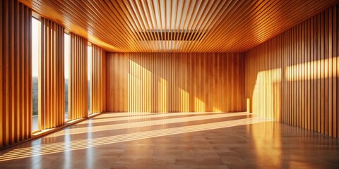 Obraz premium Sunlit Wooden Room Interior Design with Slatted Walls and Ceiling