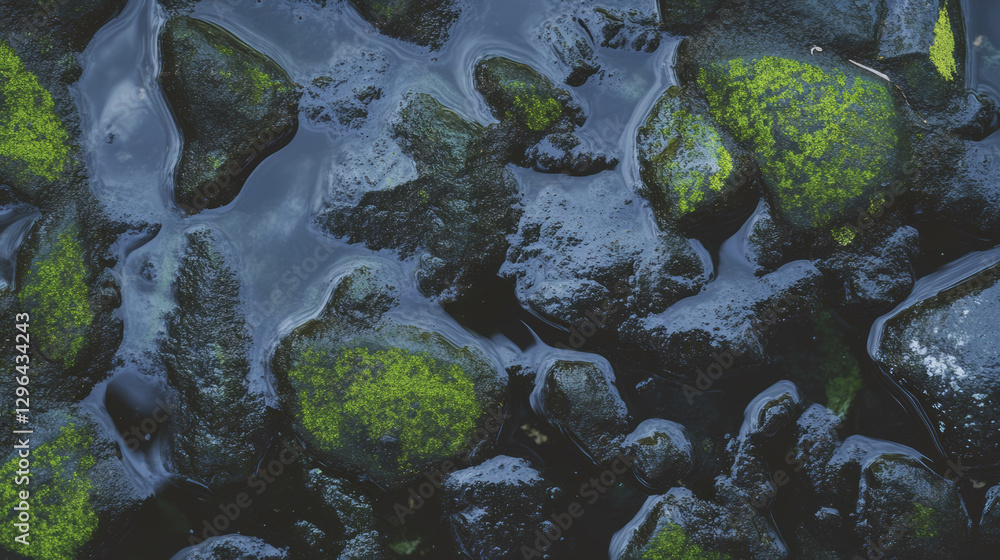 Poster natural wet stone texture with dark moss for print or card design