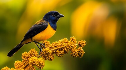 Naklejka premium Yellow And Black Bird Perched on Branch - Vibrant yellow and black bird perched on a branch with yellow flowers, set against a blurred yellow green background