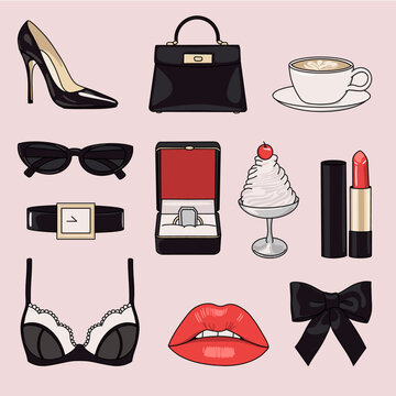  Luxury Fashion and Beauty Essentials Icon Set with Cosmetics, Heels, Sunglasses, Coffee, Lips, Bow, Dessert, Lingerie and Diamond on Pink Background