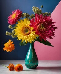 Unique and bold colorful vase with a single flower