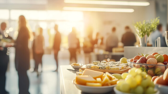 Conference reception featuring an array of cheeses, fresh fruits, and refreshing beverages for attendees to savor during breaks.