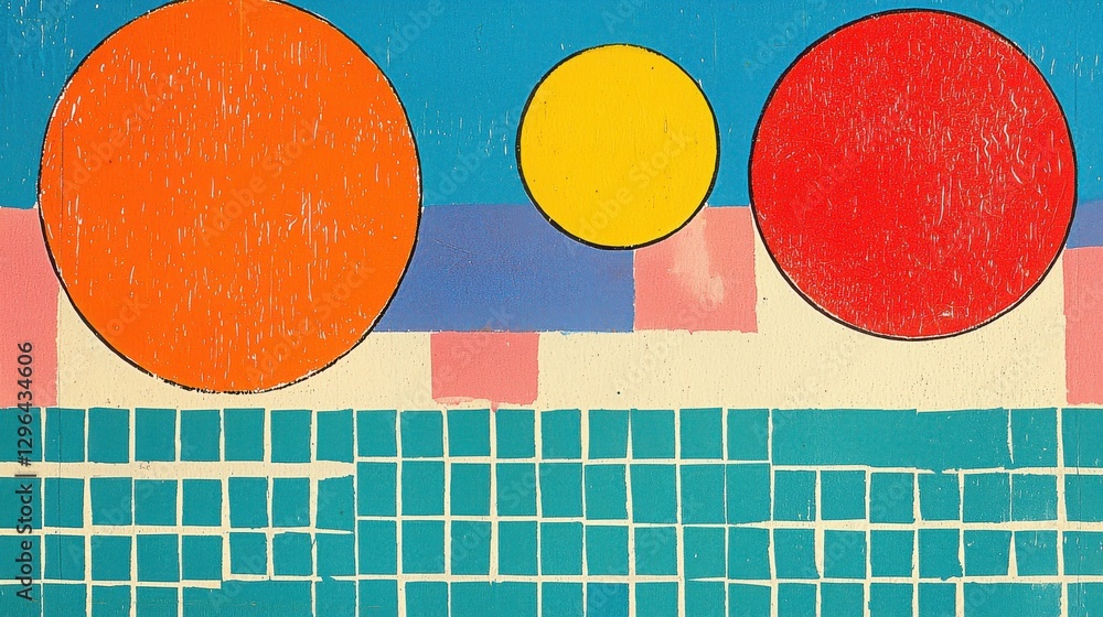Poster bright circular shapes and geometric patterns in bold colors create an abstract artwork on a wooden 