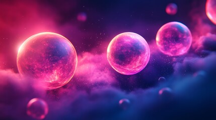 Glowing spheres float amongst colorful clouds in space