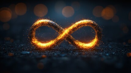 Infinity symbol, fiery particles, dark background, glowing lights