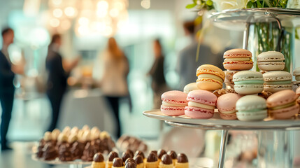 Elegant dessert display: Macarons & chocolate treats, beautifully arranged for a sophisticated gathering with blurred figures.