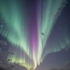 A dreamy purple aurora shining in the night sky.