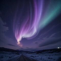 A dreamy purple aurora shining in the night sky.