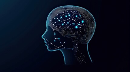 Fototapeta premium A digital illustration of a human brain outlined with interconnected nodes and lights, capturing the essence of thought processes and advanced connections in a creative way.