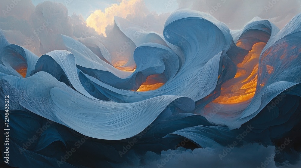 Poster abstract blue waves flow elegantly while glowing orange light shines through the curves, creating an