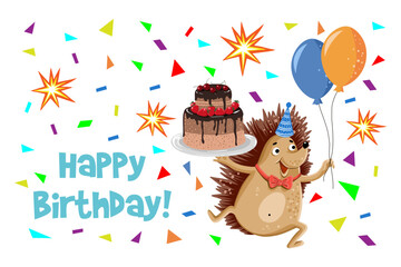 Cheerful cute hedgehog with balloons and cake, birthday card. . Vector illustration
