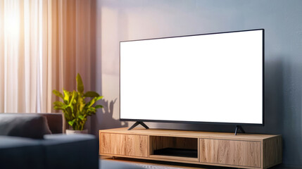 Blank screen TV led mock up screen. Smart TV on a shelf cabinet in living room