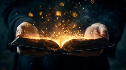 Obraz premium Magician opening a glowing spell book with magical symbols flying out