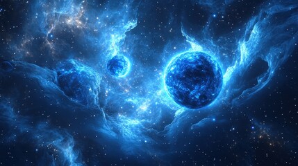 A vibrant tapestry of blue orbs, each a sphere of pure brilliance, floating in the void against a backdrop of swirling cosmic dust and stardust, creating a mesmerizing spectacle.