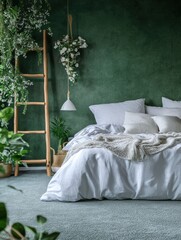 Bed between ladder and plant in green boho bedroom interior with grey carpet under lamps