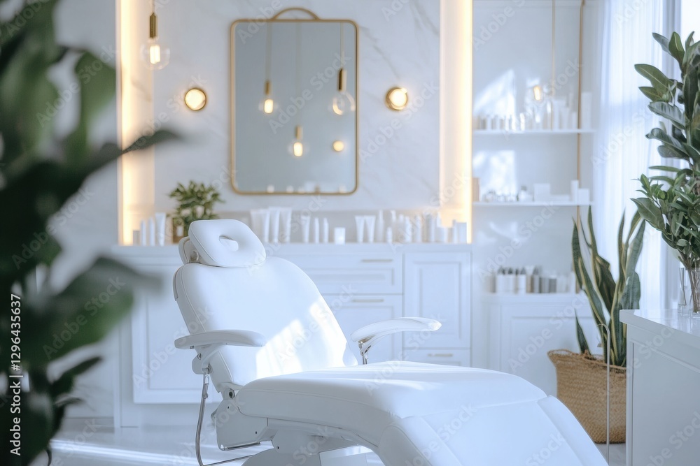 Poster Serenity in a modern aesthetic treatment room with soft lighting and lush greenery enhancing the inviting atmosphere. Generative AI