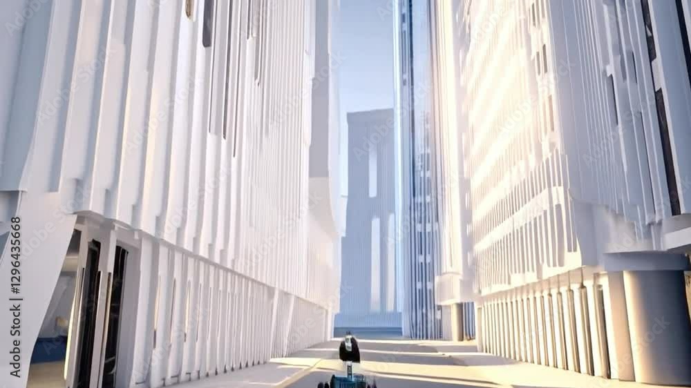 Aufkleber A robot ambles through a sleek, modern urban landscape with towering white structures. The setting evokes a sense of futuristic loneliness as the environment is empty and vast.