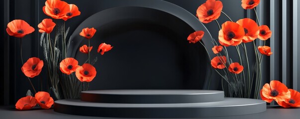 Anzac Day, poppy flowers on dark background with stage podium. Remembrance day symbol.