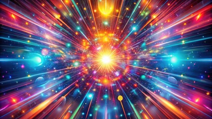 A vibrant explosion of cosmic energy, radiating light and color across a dark expanse, featuring a multitude of bright stars and celestial bodies.