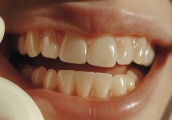 Close-up of Healthy White Teeth with Bright Smile and Glossy Lips