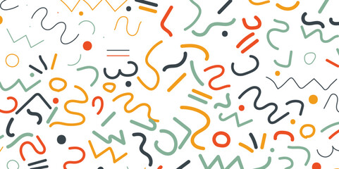 Fun colorful abstract line doodle shape seamless pattern. Minimalist style art for children or party celebration with modern shapes. 