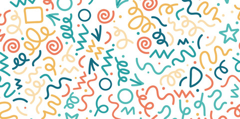 Fun colorful abstract line doodle shape seamless pattern. Minimalist style art for children or party celebration with modern shapes. 