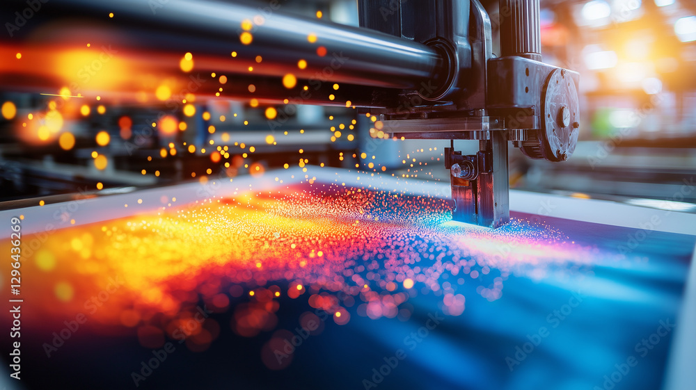 Poster printing press machine creating vibrant ink patterns on paper, showcasing colorful splashes and dyna