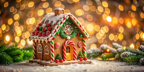 Naklejka premium Festive Gingerbread House with Candy Canes & Wreath - Christmas Stock Photo