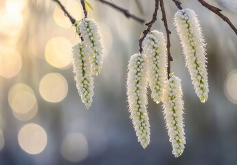 Elegant White Flowers Hanging from Branch in Soft Focus Light