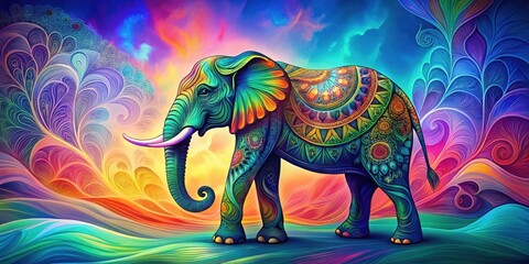 Obraz premium Vibrant Ornate Elephant Majestically Strolling Through a Dreamlike Landscape of Swirling Hues and Intricate Patterns