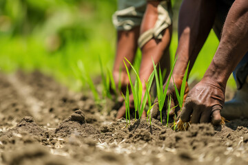 Farmers working in a rice paddy field, manually sowing rice seedlings in wet soil, showcasing traditional Indian farming methods