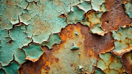 A Detailed Close-Up of Cracked and Flaking Paint Revealing Underlying Rust and Corrosion on a Metallic Surface