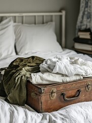 Old fashioned suitcase with clothes on a white bed with pillows