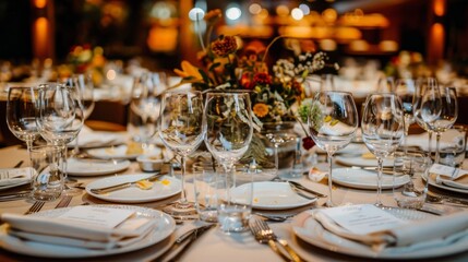 Elegant corporate event venue with upscale table settings and ambient lighting for gatherings