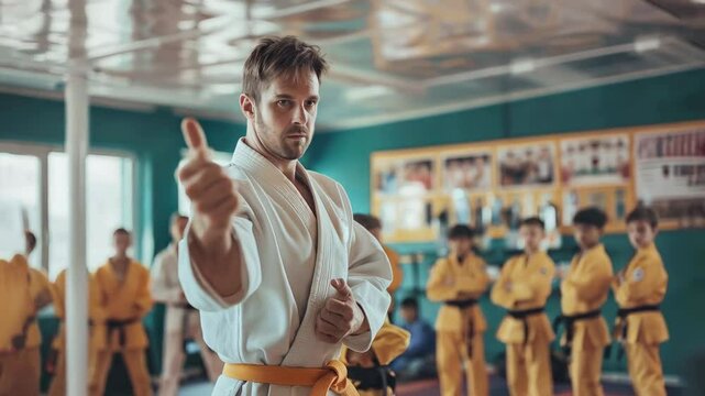 Skilled karate teacher leading dedicated students practicing martial arts movements in white kimonos within traditional wooden training studio