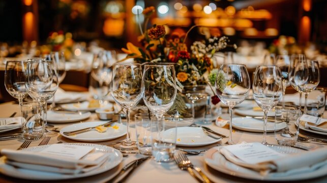 Elegant corporate event venue with upscale table settings and ambient lighting for gatherings