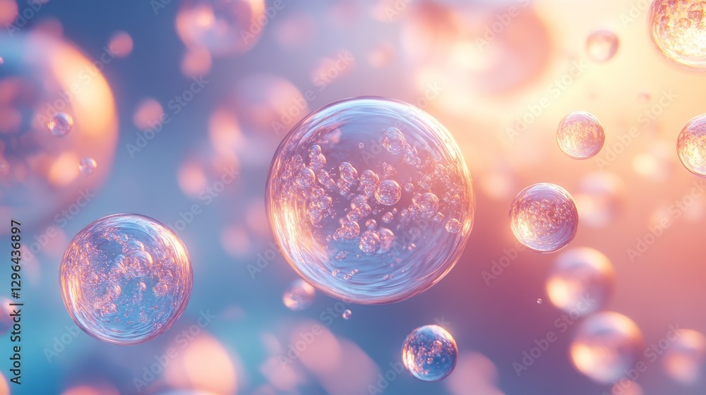 Poster several transparent spheres float in a blurred gradient background setting