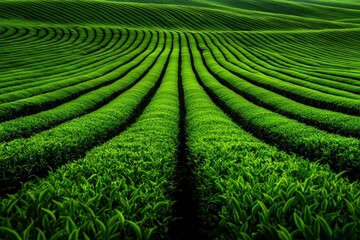 Rolling green tea plantations stretching across gentle hills, perfectly lined rows creating a calming natural symmetry