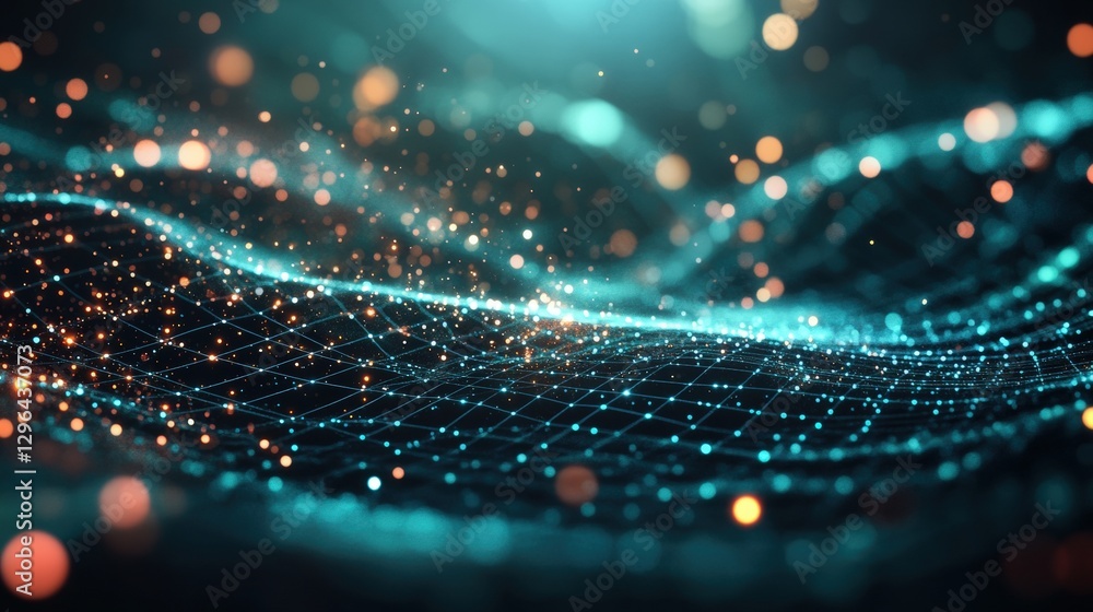 Poster abstract technology background featuring glowing particles and lines in a dynamic digital environmen