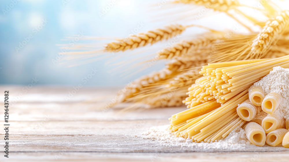 Poster pasta and flour on wooden table with wheat stalks in background, creating warm and inviting atmosphe