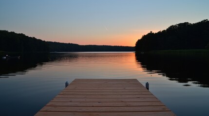 Obraz premium A beautiful lake at sunset with wooden pier in view