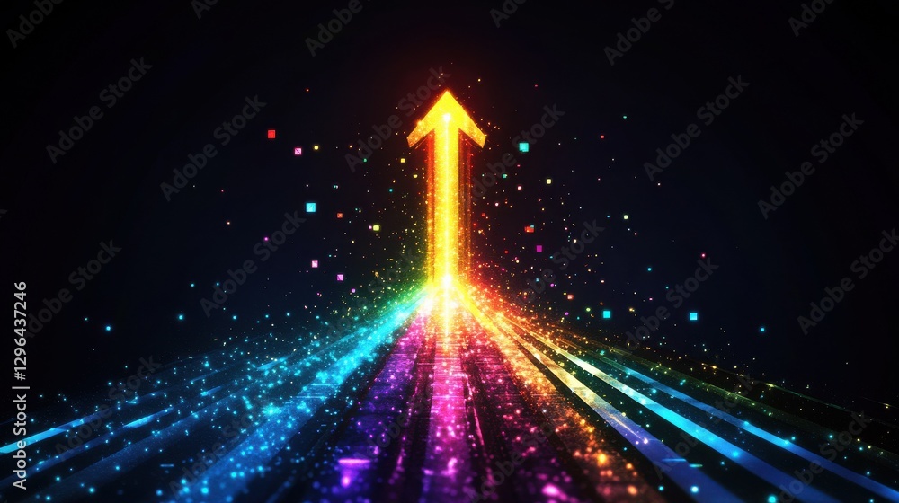 Poster a sleek arrow pointing up created by glowing beams in multiple vibrant colors giving a fast and ener