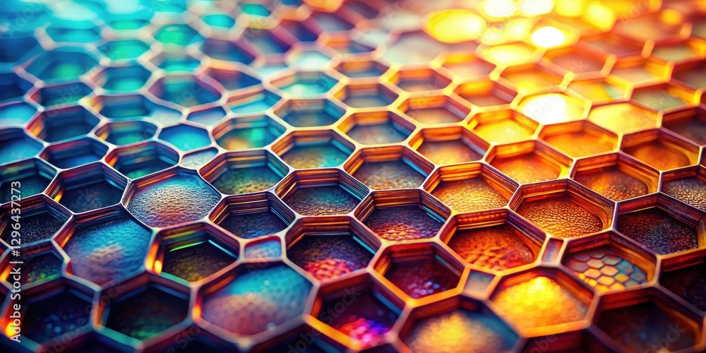 Wall mural abstract hexagonal pattern with vibrant, shimmering hues and textured surfaces