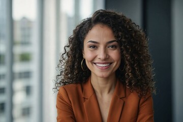 Close up photo portrait of beautiful Latin American woman with curly hair , businesswoman inside office building smiling and looking at camera.