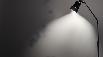 A modern black lamp illuminates a wall with artistic stains