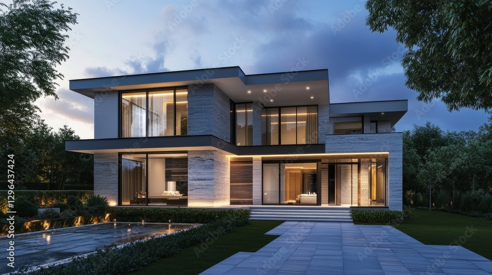 Poster bold architectural suburban home with clean geometric lines, led lighting creating a striking nightt