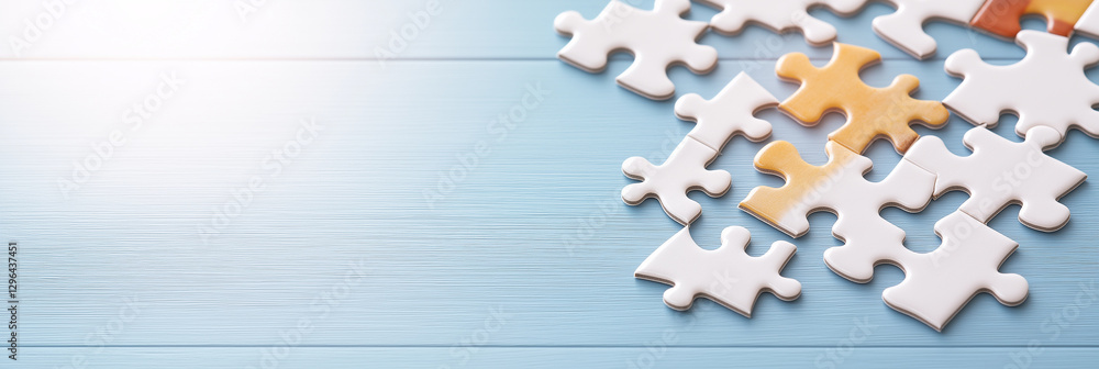Poster white puzzle pieces scattered on blue wooden surface, creating calm and thoughtful atmosphere. image